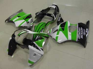 Best 2000-2002 Kawasaki ZX6R Motorcycle Fairings - White Green Glossy Black Stripe Silkolene Dunlop