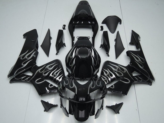 2005-2006 Honda CBR600RR Motorcycle Fairings - Glossy Black Silver Flame