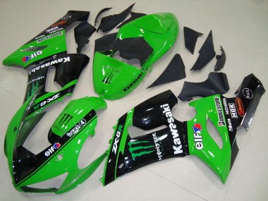 Best 2005-2006 Kawasaki ZX6R Motorcycle Fairings - Green Glossy Black Elf Monster