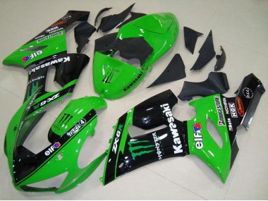 Best 2005-2006 Kawasaki ZX6R Motorcycle Fairings - Green Glossy Black Elf Monster