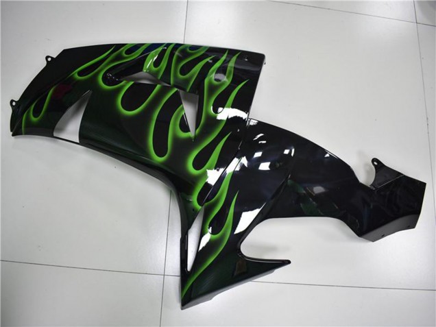 2006-2007 Kawasaki ZX10R Motorcycle Fairings - Glossy Black Green Flame