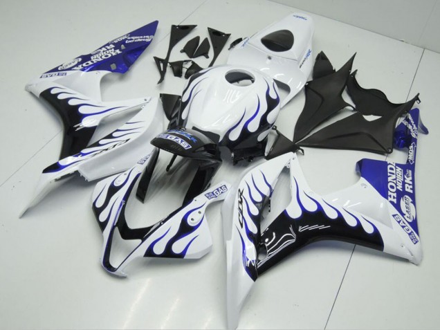 2007-2008 Honda CBR600RR Motorcycle Fairings - White Blue Glossy Black Flame