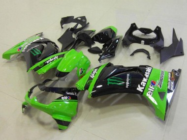 Best 2008-2012 Kawasaki ZX250R Motorcycle Fairings - Green Glossy Black Elf Monster Bridgestone