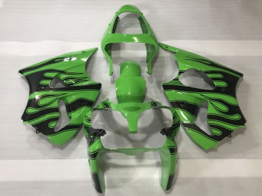 Best 2000-2002 Kawasaki ZX6R Motorcycle Fairings - Green Black Flame