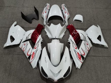 Best 2006-2011 Kawasaki ZX14R Motorcycle Fairings - White Red Flame