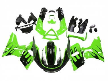 Best 1993-2007 Kawasaki ZZR400 Motorcycle Fairings - Green Glossy Black Flame