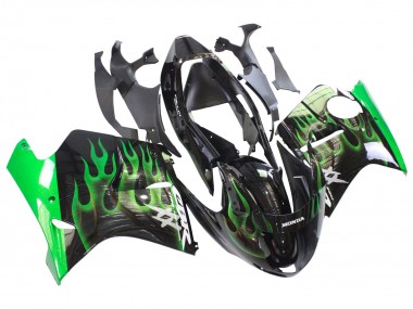 Best 1996-2007 Honda CBR1100XX Blackbird Motorcycle Fairing - Glossy Black Green Flame