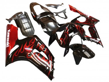 Best 2003-2004 Kawasaki ZX6R Motorcycle Fairings - Glossy Black Red Flame