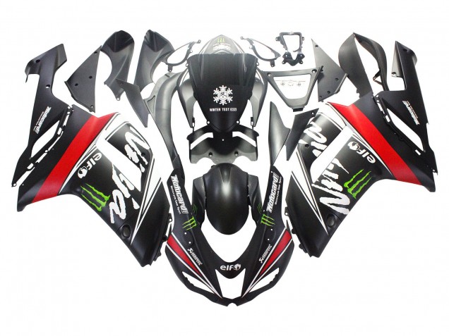 2007-2008 Kawasaki ZX6R Motorcycle Fairings - Black White Red with White Snow Decal Ninja Elf