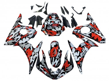 Best 2005 Yamaha YZF 600 R6 Motorcycle Fairings - Black Red Grey Camouflage