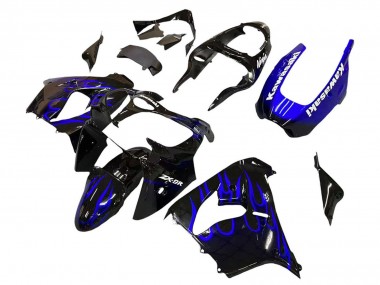 Best 2000-2001 Kawasaki ZX9R Motorcycle Fairings - Glossy Black Blue Flame White