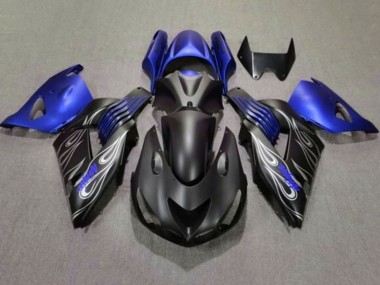Best 2006-2011 Kawasaki ZX14R ZZR1400 Motorcycle Fairings - Matte Black Blue Silver Flame
