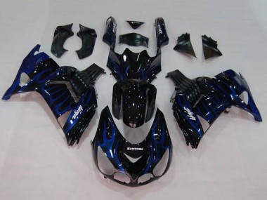 Best 2006-2011 Kawasaki ZX14R ZZR1400 Motorcycle Fairings - Glossy Black Blue Flame