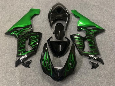 Best 2005-2006 Kawasaki ZX6R Motorcycle Fairings - Glossy Black Green Flame