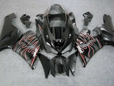 Best 2005-2006 Kawasaki ZX6R Motorcycle Fairings - Glossy Black Red White Flame