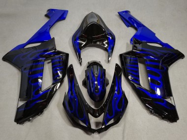 Best 2007-2008 Kawasaki ZX6R Motorcycle Fairings - Black Blue Flame