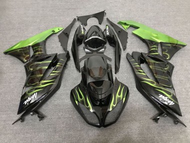 Best 2007-2008 Kawasaki ZX6R Motorcycle Fairings - Black Light Green Flame